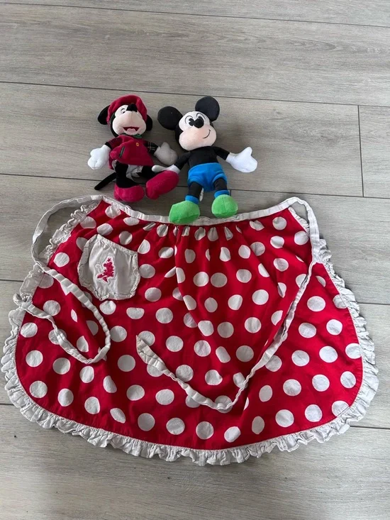 Disney Minnie Mouse Red Polka Dot Apron + Mickey & Minnie Plush 3PC Bundle Set - Picture 1 of 6